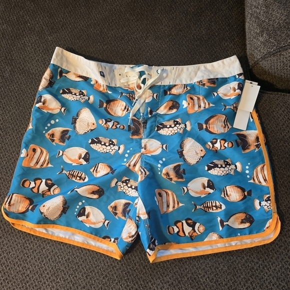 Sperry Top Sider Board Swim Trunks Men 38 Blue Orange Fish Graphic New - Picture 3 of 16